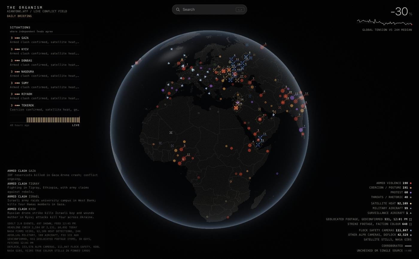 aianyone.wtf, the real-time world conflict tracker, showing a live globe of corroborated events