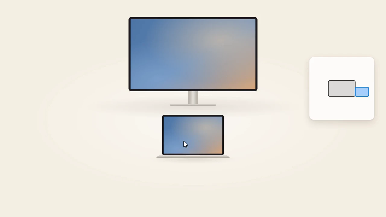 The PushArrange demo: a MacBook below a monitor, and a display arrangement panel still showing it to the right, the moment before a push